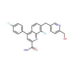 NC(=O)c1cc(-c2ccc(F)cc2)c2ccc(Cc3ccc(CO)nc3)c(F)c2n1 ZINC000221624610