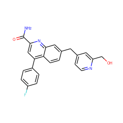 NC(=O)c1cc(-c2ccc(F)cc2)c2ccc(Cc3ccnc(CO)c3)cc2n1 ZINC000221615631