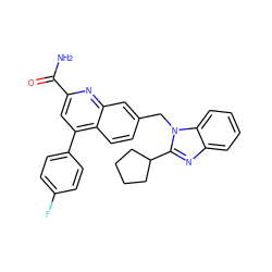 NC(=O)c1cc(-c2ccc(F)cc2)c2ccc(Cn3c(C4CCCC4)nc4ccccc43)cc2n1 ZINC000221607896