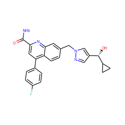 NC(=O)c1cc(-c2ccc(F)cc2)c2ccc(Cn3cc([C@H](O)C4CC4)cn3)cc2n1 ZINC000205635082