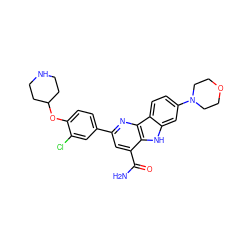 NC(=O)c1cc(-c2ccc(OC3CCNCC3)c(Cl)c2)nc2c1[nH]c1cc(N3CCOCC3)ccc12 ZINC000113198200