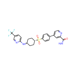 NC(=O)c1cc(-c2ccc(S(=O)(=O)[C@H]3CC[C@H](Nc4ccc(C(F)(F)F)cn4)CC3)cc2)ccn1 ZINC001772572757