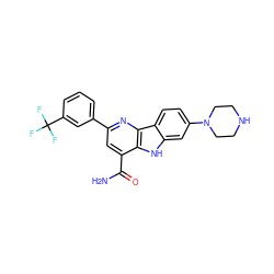 NC(=O)c1cc(-c2cccc(C(F)(F)F)c2)nc2c1[nH]c1cc(N3CCNCC3)ccc12 ZINC000113203990