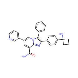 NC(=O)c1cc(-c2cccnc2)cn2c(-c3ccccc3)c(-c3ccc(C4(N)CCC4)cc3)nc12 ZINC000168319804