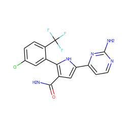 NC(=O)c1cc(-c2ccnc(N)n2)[nH]c1-c1cc(Cl)ccc1C(F)(F)F ZINC000142929727