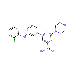 NC(=O)c1cc(-c2ccnc(Nc3ccccc3Cl)c2)nc(N2CCNCC2)c1 ZINC000058568784