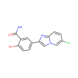 NC(=O)c1cc(-c2cn3cc(Cl)ccc3n2)ccc1O ZINC001772597176