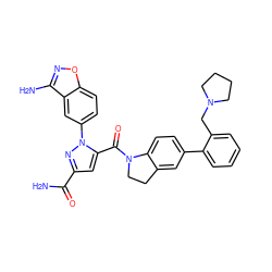 NC(=O)c1cc(C(=O)N2CCc3cc(-c4ccccc4CN4CCCC4)ccc32)n(-c2ccc3onc(N)c3c2)n1 ZINC000028959520