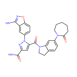 NC(=O)c1cc(C(=O)N2CCc3ccc(N4CCCCCC4=O)cc32)n(-c2ccc3onc(N)c3c2)n1 ZINC000028959542