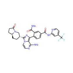 NC(=O)c1cc(C(=O)Nc2cc(C(F)(F)F)ccn2)ccc1-c1nc([C@@H]2CC[C@H]3CCC(=O)N3C2)n2ccnc(N)c12 ZINC000149138409