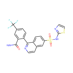 NC(=O)c1cc(C(F)(F)F)ccc1-c1nccc2cc(S(=O)(=O)Nc3nccs3)ccc12 ZINC000225043988