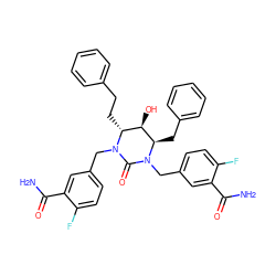 NC(=O)c1cc(CN2C(=O)N(Cc3ccc(F)c(C(N)=O)c3)[C@H](Cc3ccccc3)[C@H](O)[C@H]2CCc2ccccc2)ccc1F ZINC000014943297