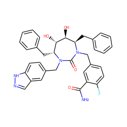 NC(=O)c1cc(CN2C(=O)N(Cc3ccc4[nH]ncc4c3)[C@H](Cc3ccccc3)[C@H](O)[C@@H](O)[C@H]2Cc2ccccc2)ccc1F ZINC000026483067