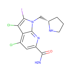 NC(=O)c1cc(Cl)c2c(Cl)c(I)n(C[C@@H]3CCCN3)c2n1 ZINC001772622608