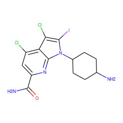 NC(=O)c1cc(Cl)c2c(Cl)c(I)n(C3CCC(N)CC3)c2n1 ZINC001772579381