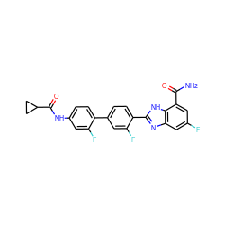 NC(=O)c1cc(F)cc2nc(-c3ccc(-c4ccc(NC(=O)C5CC5)cc4F)cc3F)[nH]c12 ZINC000474609842