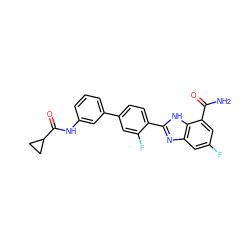 NC(=O)c1cc(F)cc2nc(-c3ccc(-c4cccc(NC(=O)C5CC5)c4)cc3F)[nH]c12 ZINC000474609906