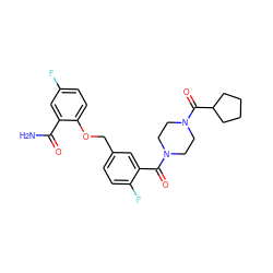 NC(=O)c1cc(F)ccc1OCc1ccc(F)c(C(=O)N2CCN(C(=O)C3CCCC3)CC2)c1 ZINC000040411291