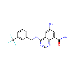 NC(=O)c1cc(N)cc2c(NCc3cccc(C(F)(F)F)c3)ncnc12 ZINC000114347651