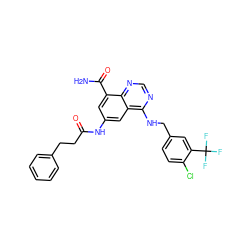 NC(=O)c1cc(NC(=O)CCc2ccccc2)cc2c(NCc3ccc(Cl)c(C(F)(F)F)c3)ncnc12 ZINC000114347856