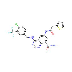 NC(=O)c1cc(NC(=O)Cc2cccs2)cc2c(NCc3ccc(Cl)c(C(F)(F)F)c3)ncnc12 ZINC000114345395