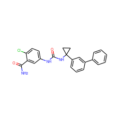 NC(=O)c1cc(NC(=O)NC2(c3cccc(-c4ccccc4)c3)CC2)ccc1Cl ZINC000095575308