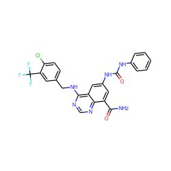 NC(=O)c1cc(NC(=O)Nc2ccccc2)cc2c(NCc3ccc(Cl)c(C(F)(F)F)c3)ncnc12 ZINC000114347030