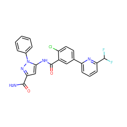 NC(=O)c1cc(NC(=O)c2cc(-c3cccc(C(F)F)n3)ccc2Cl)n(-c2ccccc2)n1 ZINC001772617722