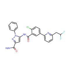 NC(=O)c1cc(NC(=O)c2cc(-c3cccc(CC(F)F)n3)ccc2Cl)n(-c2ccccc2)n1 ZINC001772636562