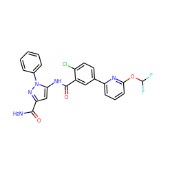 NC(=O)c1cc(NC(=O)c2cc(-c3cccc(OC(F)F)n3)ccc2Cl)n(-c2ccccc2)n1 ZINC001772587173