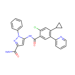 NC(=O)c1cc(NC(=O)c2cc(-c3ccccn3)c(C3CC3)cc2Cl)n(-c2ccccc2)n1 ZINC001772583900