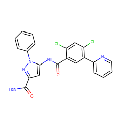 NC(=O)c1cc(NC(=O)c2cc(-c3ccccn3)c(Cl)cc2Cl)n(-c2ccccc2)n1 ZINC001772655592