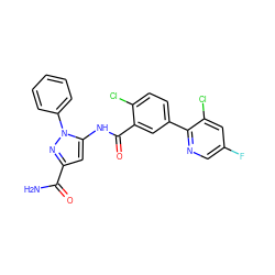 NC(=O)c1cc(NC(=O)c2cc(-c3ncc(F)cc3Cl)ccc2Cl)n(-c2ccccc2)n1 ZINC001772590848