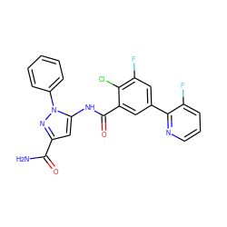 NC(=O)c1cc(NC(=O)c2cc(-c3ncccc3F)cc(F)c2Cl)n(-c2ccccc2)n1 ZINC001772607357