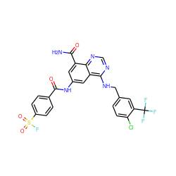 NC(=O)c1cc(NC(=O)c2ccc(S(=O)(=O)F)cc2)cc2c(NCc3ccc(Cl)c(C(F)(F)F)c3)ncnc12 ZINC000114346570