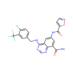 NC(=O)c1cc(NC(=O)c2ccno2)cc2c(NCc3ccc(Cl)c(C(F)(F)F)c3)ncnc12 ZINC000114346258