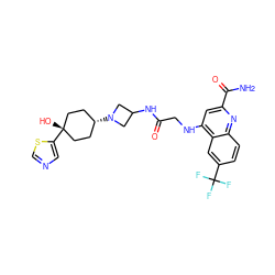 NC(=O)c1cc(NCC(=O)NC2CN([C@H]3CC[C@@](O)(c4cncs4)CC3)C2)c2cc(C(F)(F)F)ccc2n1 ZINC000261125692