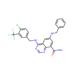 NC(=O)c1cc(NCc2ccccc2)cc2c(NCc3ccc(Cl)c(C(F)(F)F)c3)ncnc12 ZINC000114346123