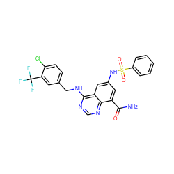 NC(=O)c1cc(NS(=O)(=O)c2ccccc2)cc2c(NCc3ccc(Cl)c(C(F)(F)F)c3)ncnc12 ZINC000114344869