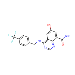 NC(=O)c1cc(O)cc2c(NCc3ccc(C(F)(F)F)cc3)ncnc12 ZINC000114349003