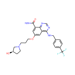 NC(=O)c1cc(OCCCN2CC[C@@H](O)C2)cc2c(NCc3ccc(C(F)(F)F)cc3)ncnc12 ZINC000114346493