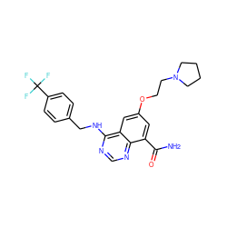 NC(=O)c1cc(OCCN2CCCC2)cc2c(NCc3ccc(C(F)(F)F)cc3)ncnc12 ZINC000114349241