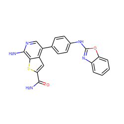 NC(=O)c1cc2c(-c3ccc(Nc4nc5ccccc5o4)cc3)cnc(N)c2s1 ZINC000035816851