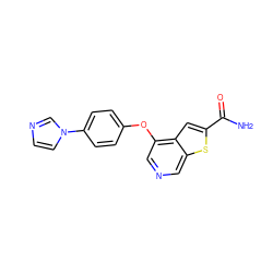 NC(=O)c1cc2c(Oc3ccc(-n4ccnc4)cc3)cncc2s1 ZINC000013864414