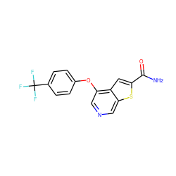 NC(=O)c1cc2c(Oc3ccc(C(F)(F)F)cc3)cncc2s1 ZINC000013864403