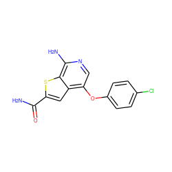 NC(=O)c1cc2c(Oc3ccc(Cl)cc3)cnc(N)c2s1 ZINC000653874655