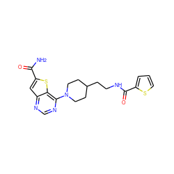 NC(=O)c1cc2ncnc(N3CCC(CCNC(=O)c4cccs4)CC3)c2s1 ZINC000095589174