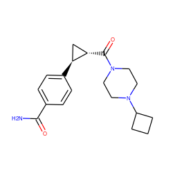 NC(=O)c1ccc([C@H]2C[C@@H]2C(=O)N2CCN(C3CCC3)CC2)cc1 ZINC000043202990