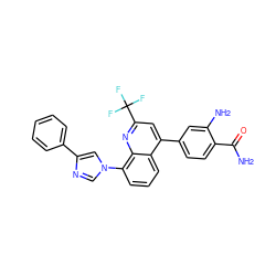 NC(=O)c1ccc(-c2cc(C(F)(F)F)nc3c(-n4cnc(-c5ccccc5)c4)cccc23)cc1N ZINC000145525439