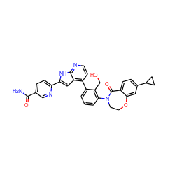 NC(=O)c1ccc(-c2cc3c(-c4cccc(N5CCOc6cc(C7CC7)ccc6C5=O)c4CO)ccnc3[nH]2)nc1 ZINC000224764181